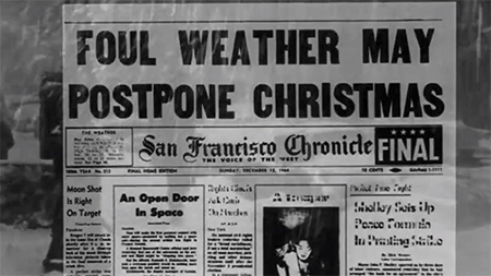 Front page of a newspaper that says "Foul weather may postpone Christmas"