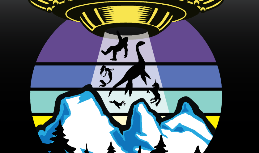 UFO beaming up a dinosaur, mermaid, yeti, jackalope and unicorn  into its spaceship above Canmore's Three Sisters mountain