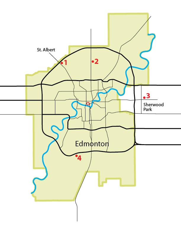 Map of Edmonton indicating park and ride locations
