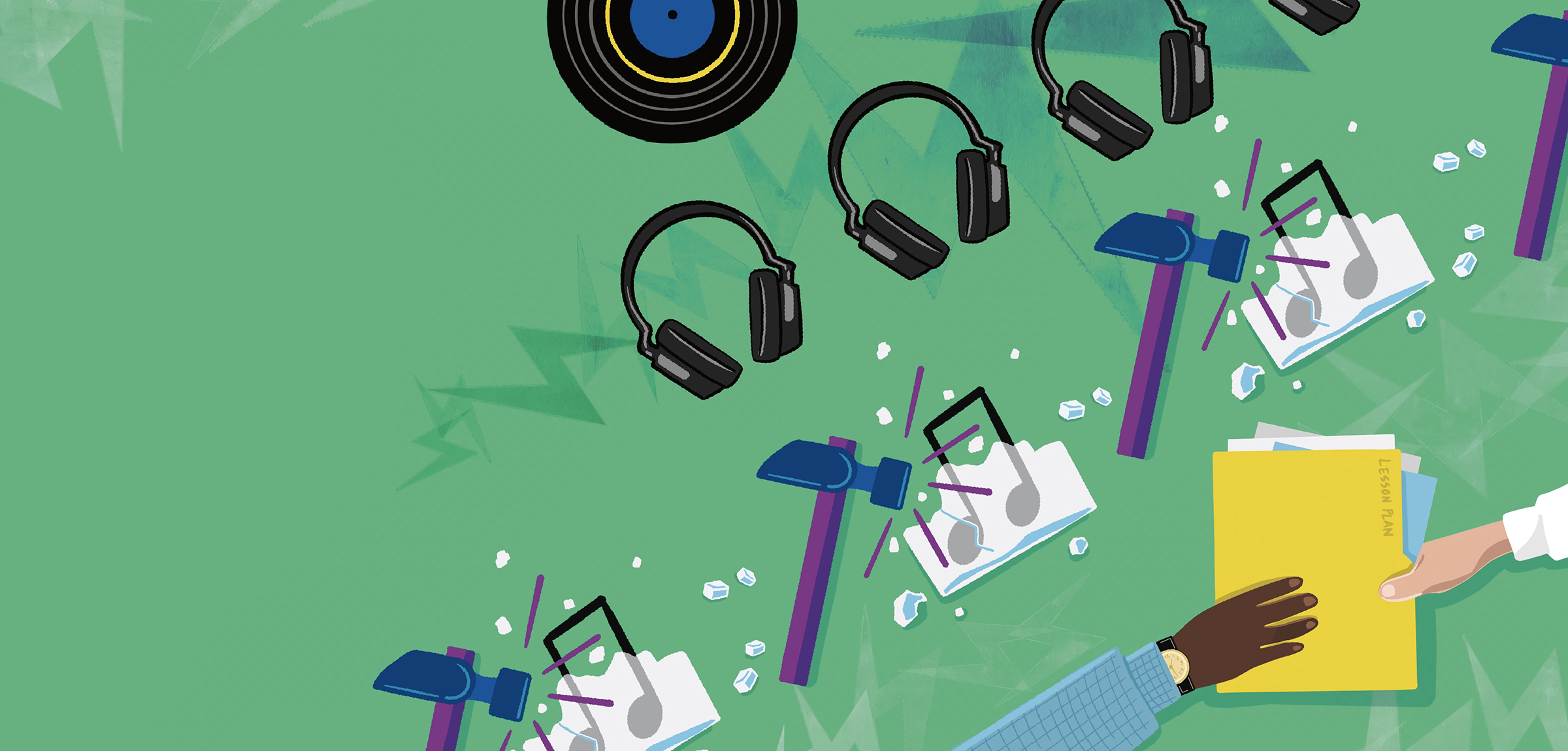 Records, headphones hammers and music notes on a green background.