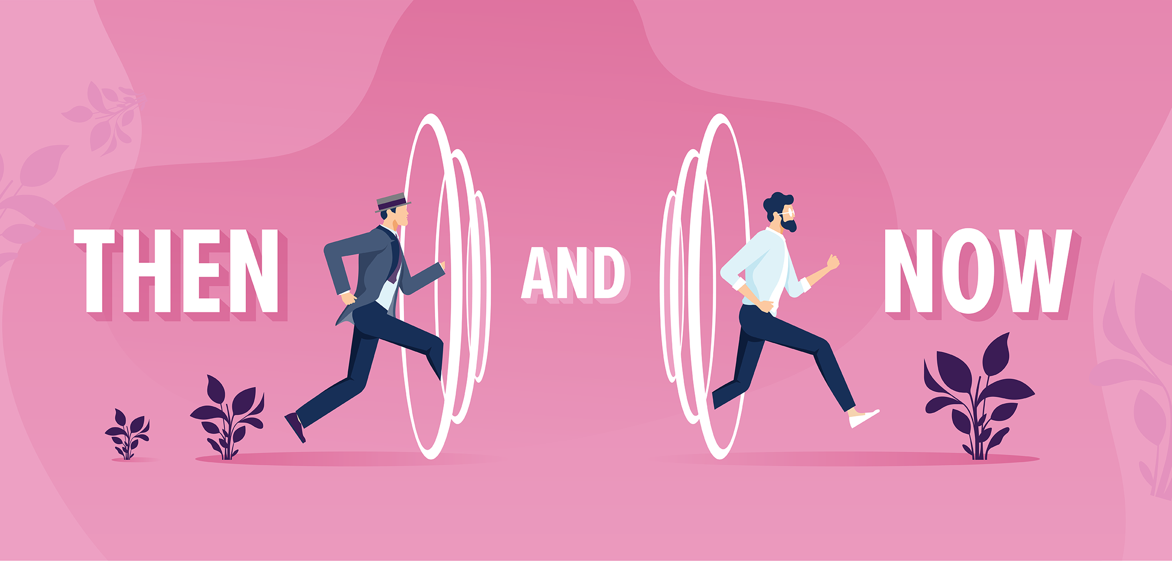 Illustration of a man running through a portal on a pink background