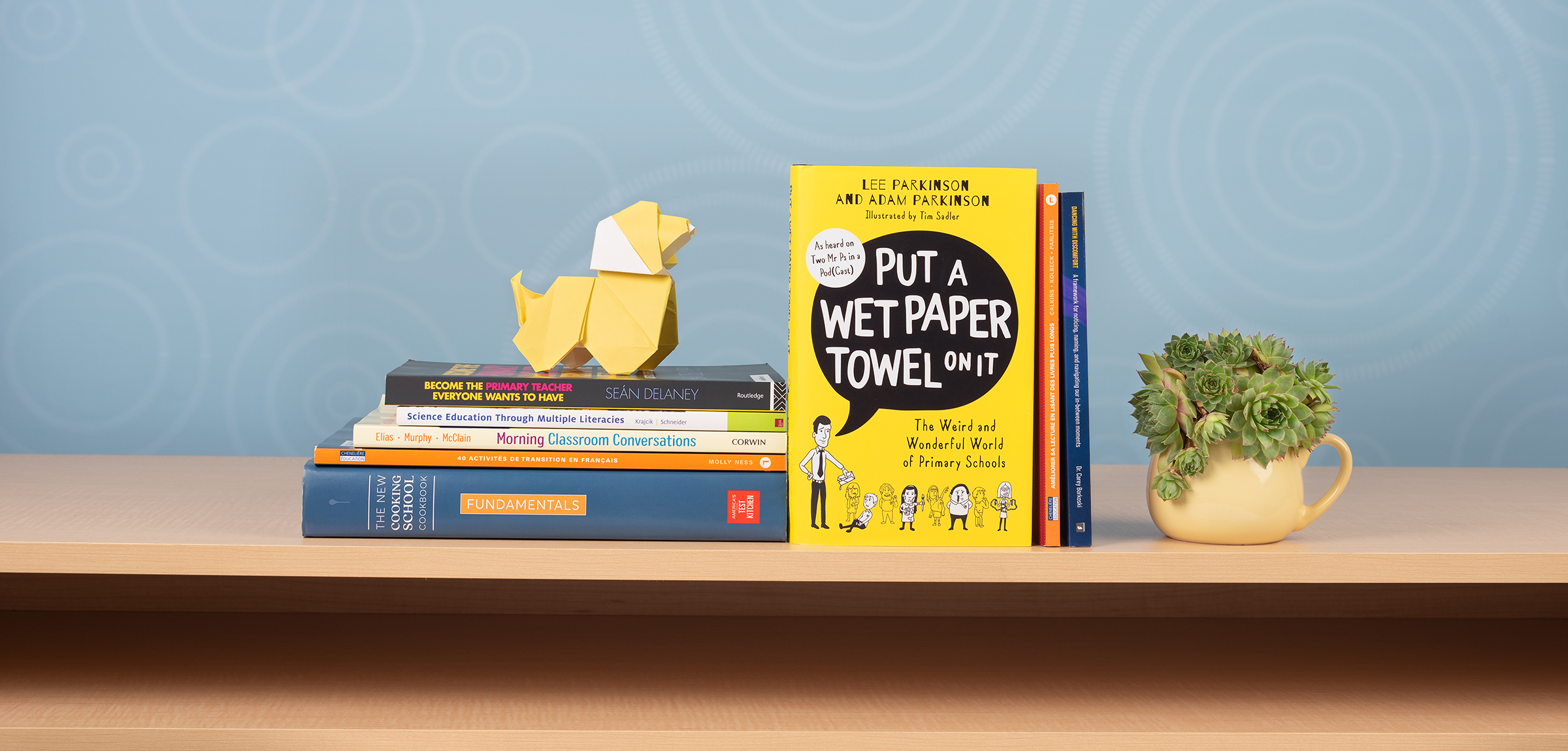 Books displayed on a shelf in front of a blue background with an origami dog and coffee cup with a succulent plant.