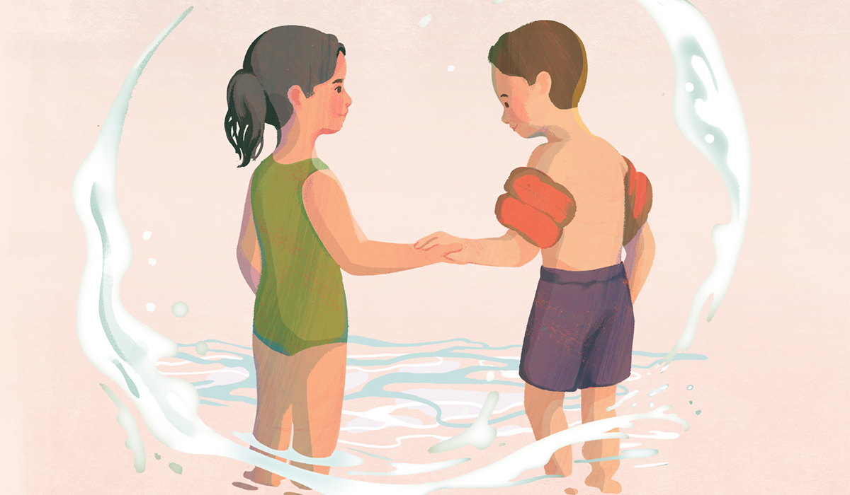 Illustration by Cornelia Li of two children wading; girl wearing a green swimsuit holding the hand of a boy with arm floaties on. 