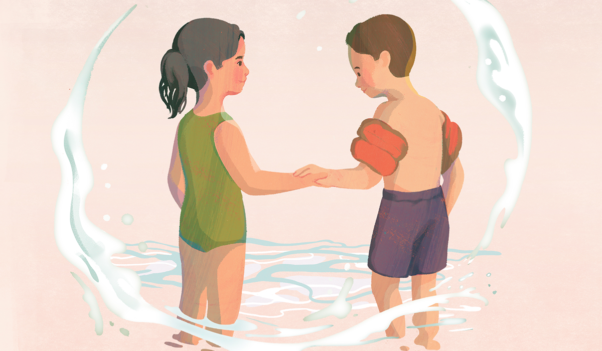 Illustration by Cornelia Li of two children wading; girl wearing a green swimsuit holding the hand of a boy with arm floaties on.