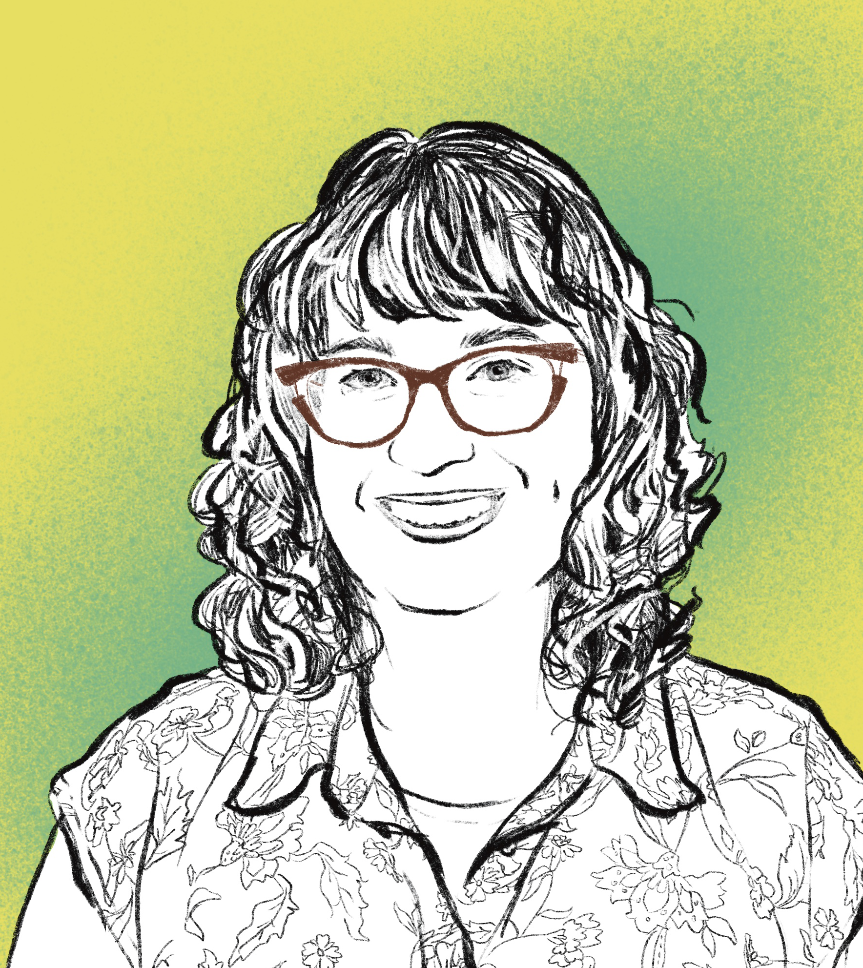 a black and white drawing of a woman wearing a flower print shirt. She is wearing glasses and the background is a lime green colour.