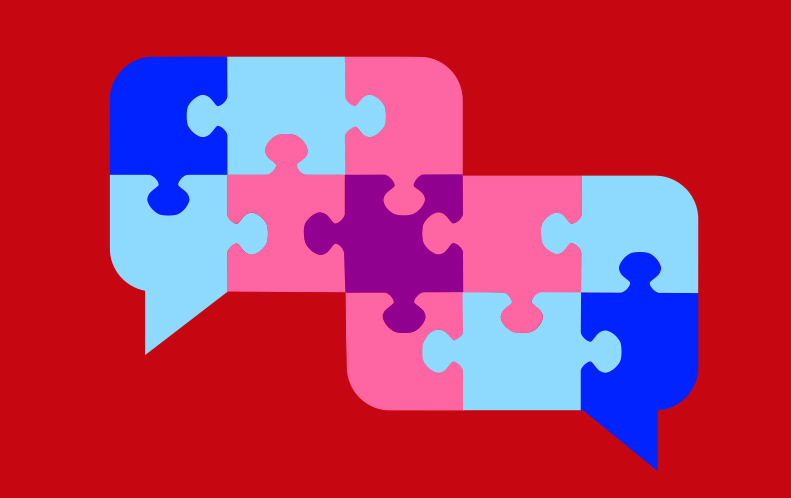 Cartoon image of puzzle pieces in speech bubbles