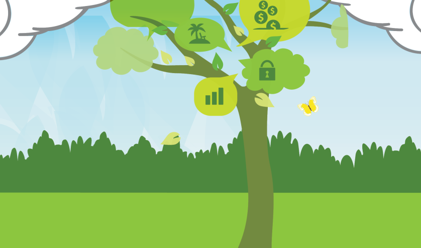 Illustration of a tree with money symbols looking through clouds