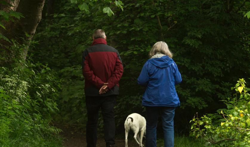 Retired couple walking dog
