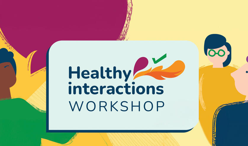 Healthy interactions logo with illustration of three people looking at each other