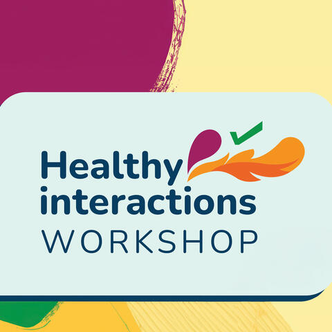 Healthy interactions logo with illustration of three people looking at each other