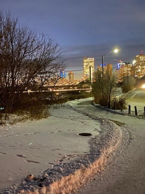 A snow-covered trail with a view of downtown Edmonton