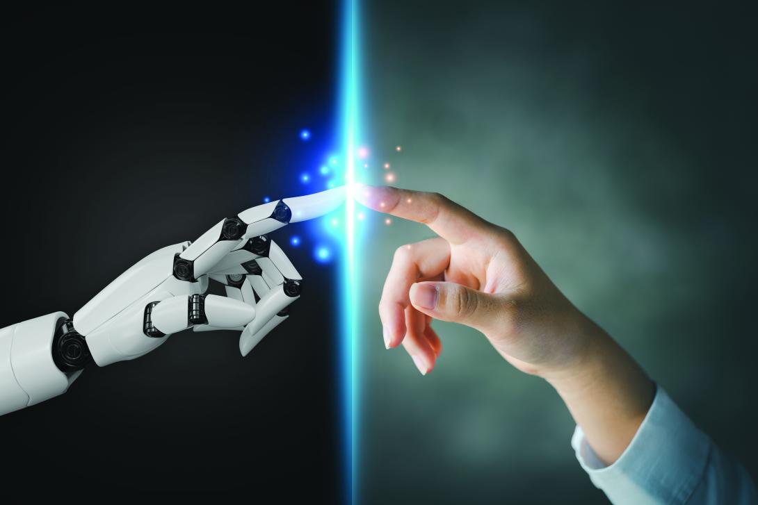 Robotic and human hands touch