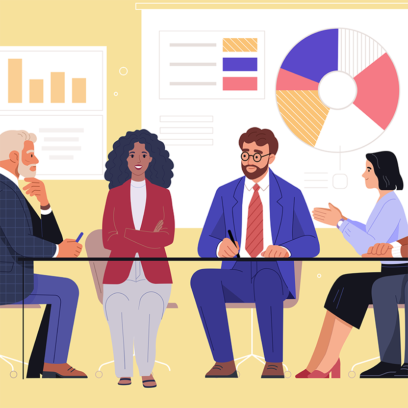 Illustration of individuals sitting at a table with pie charts on the wall.